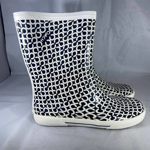 Coach Ursula Rubber Rain Boots Black White Logo